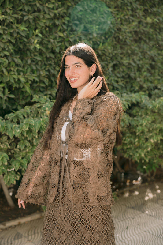 Lace Organza Floral Cardigan in Brown