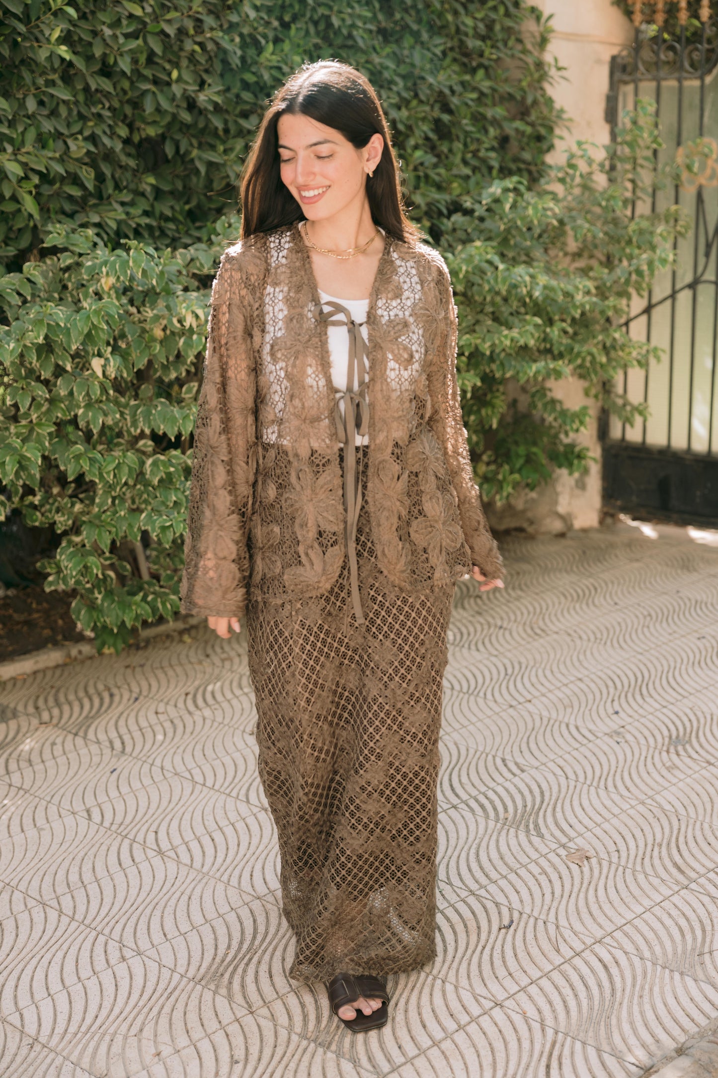 Lace Organza Floral Skirt in Brown