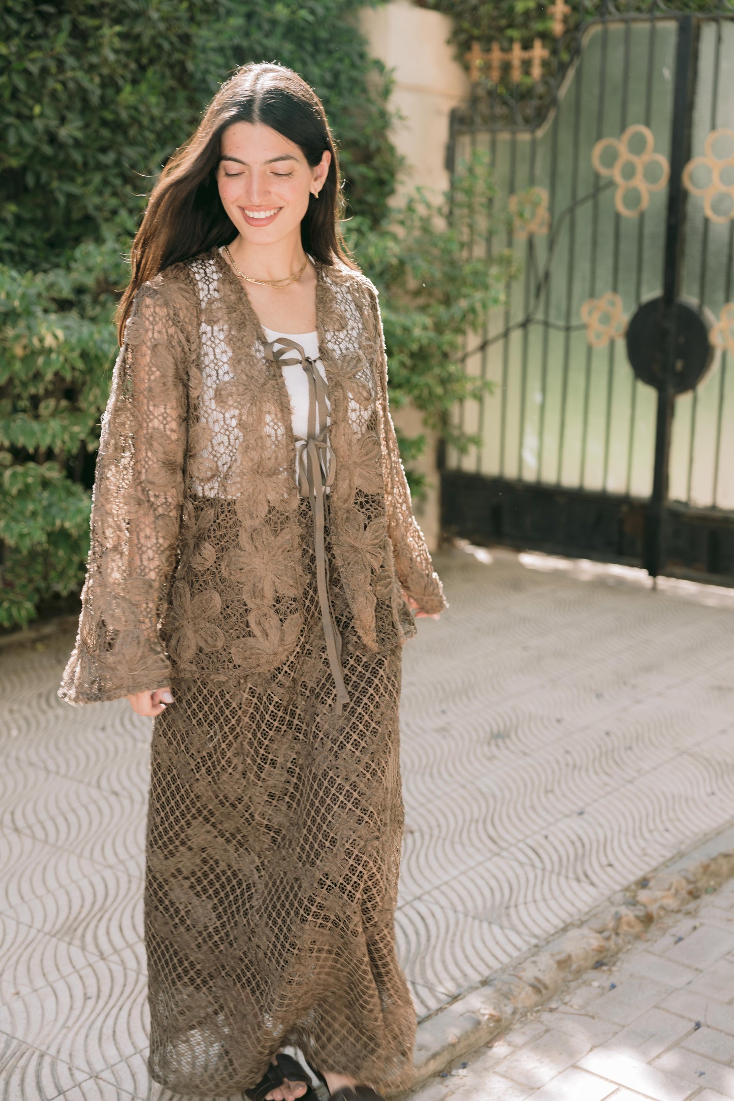Lace Organza Floral Skirt in Brown