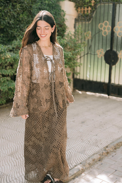 Lace Organza Floral Skirt in Brown