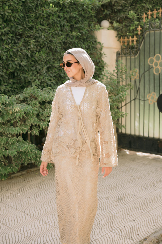 Lace Organza Floral Cardigan in Beige