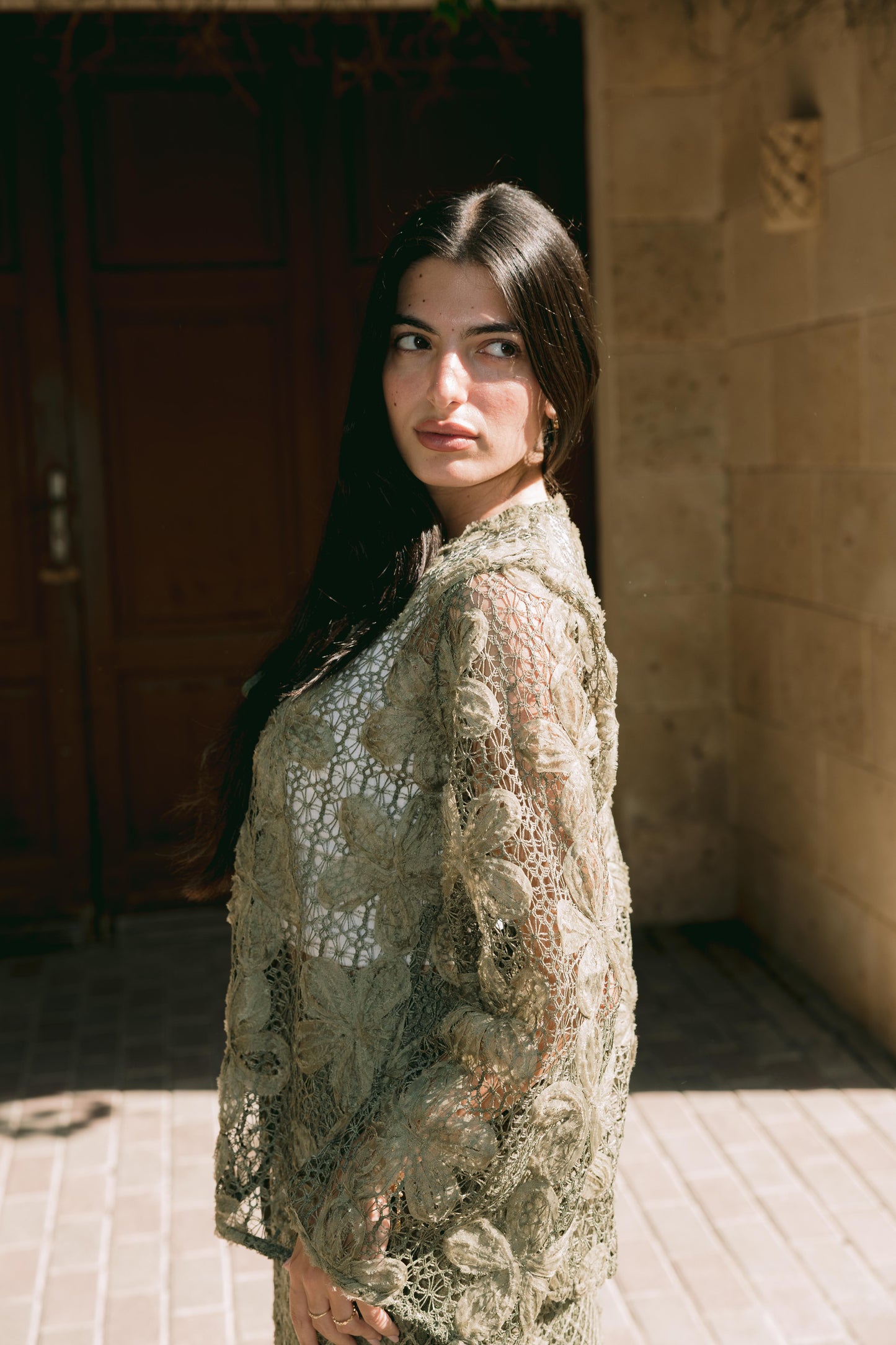 Lace Organza Floral Cardigan in Olive