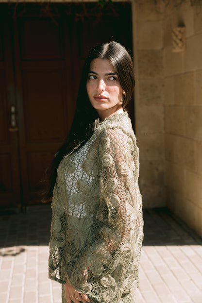 Lace Organza Floral Cardigan in Olive