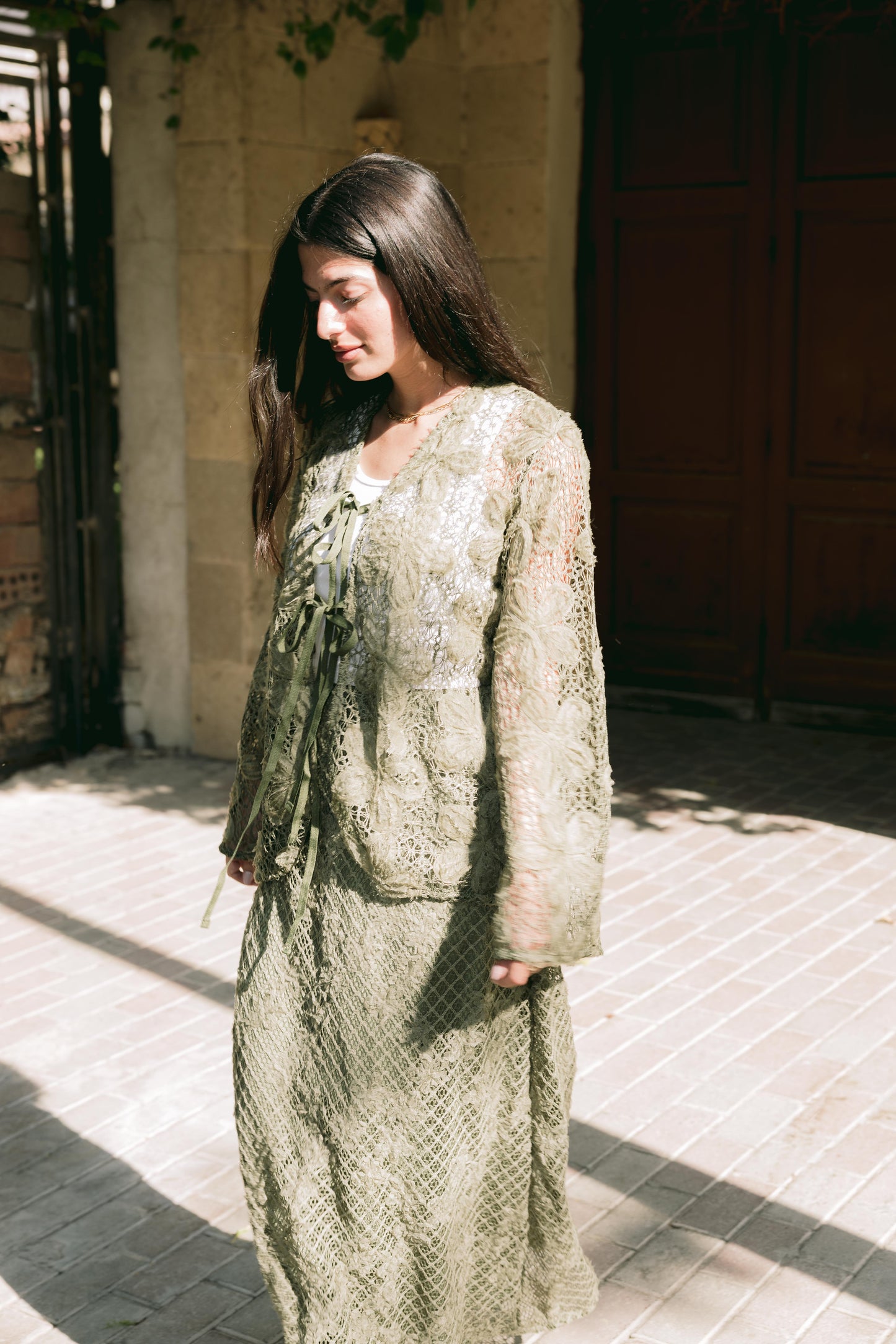 Lace Organza Floral Cardigan in Olive