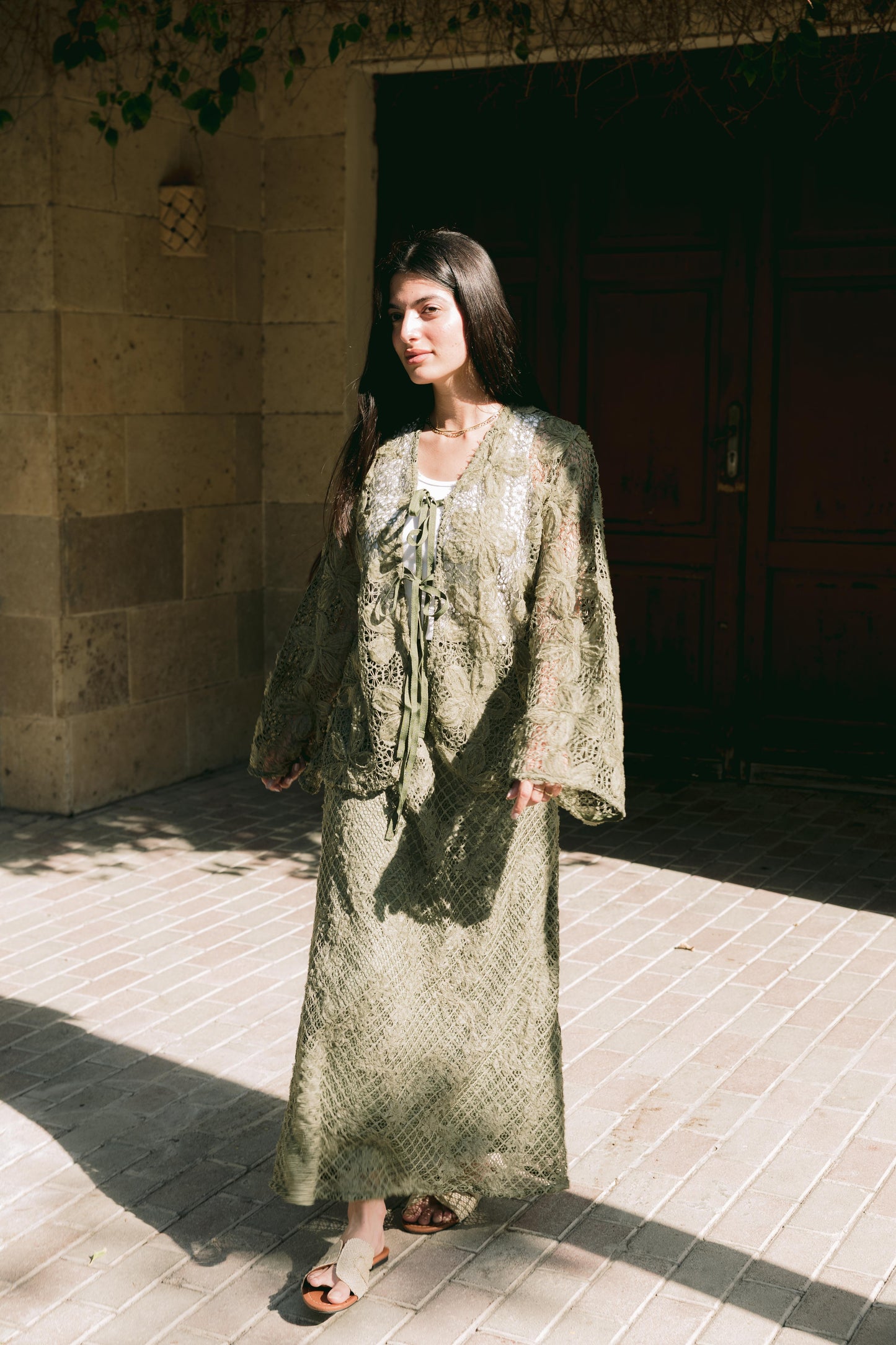 Lace Organza Floral Skirt in Olive