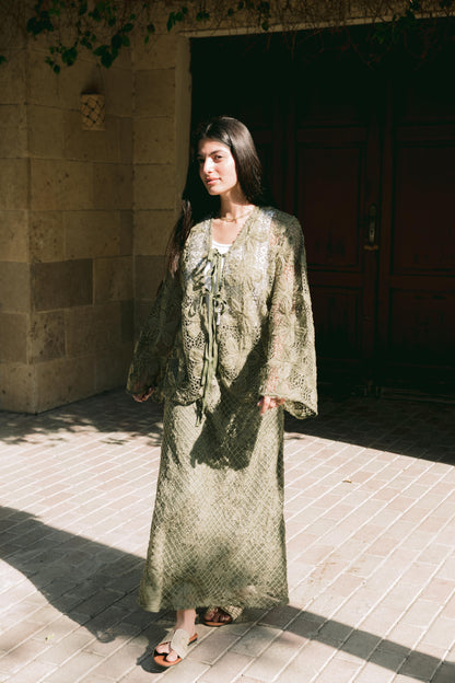 Lace Organza Floral Skirt in Olive