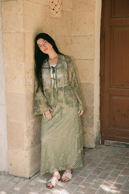 Lace Organza Floral Skirt in Olive