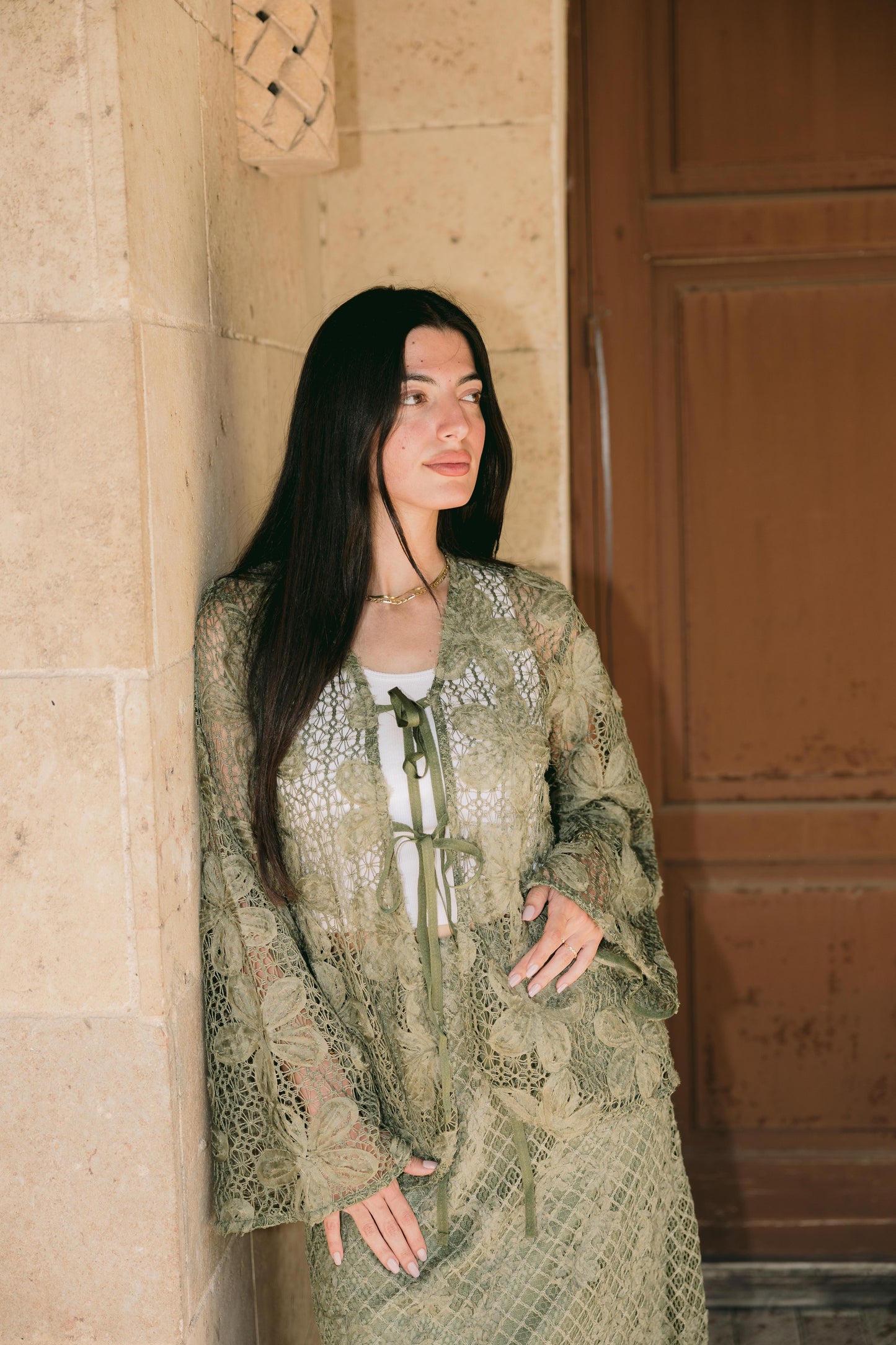 Lace Organza Floral Cardigan in Olive