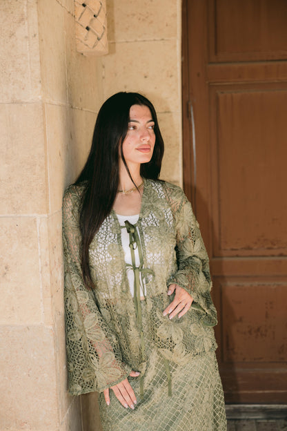 Lace Organza Floral Cardigan in Olive