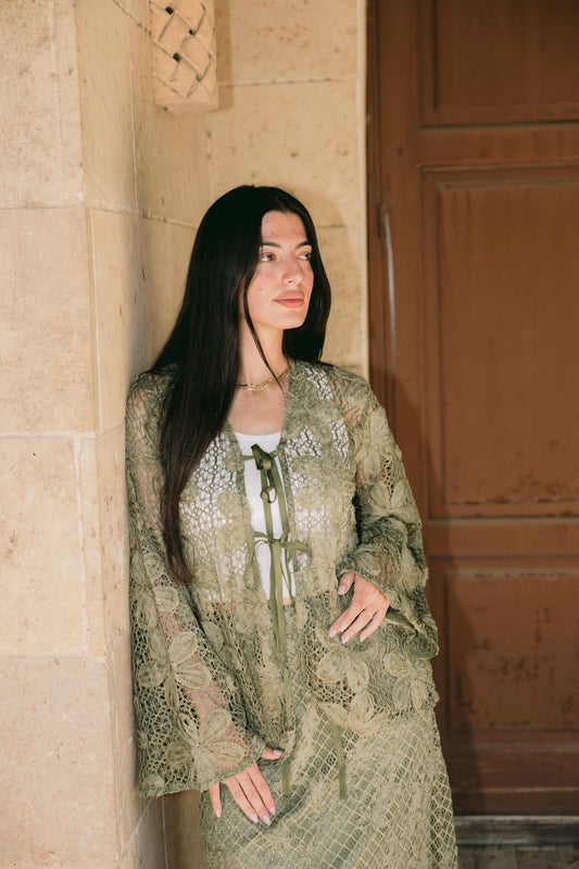 Lace Organza Floral Cardigan in Olive