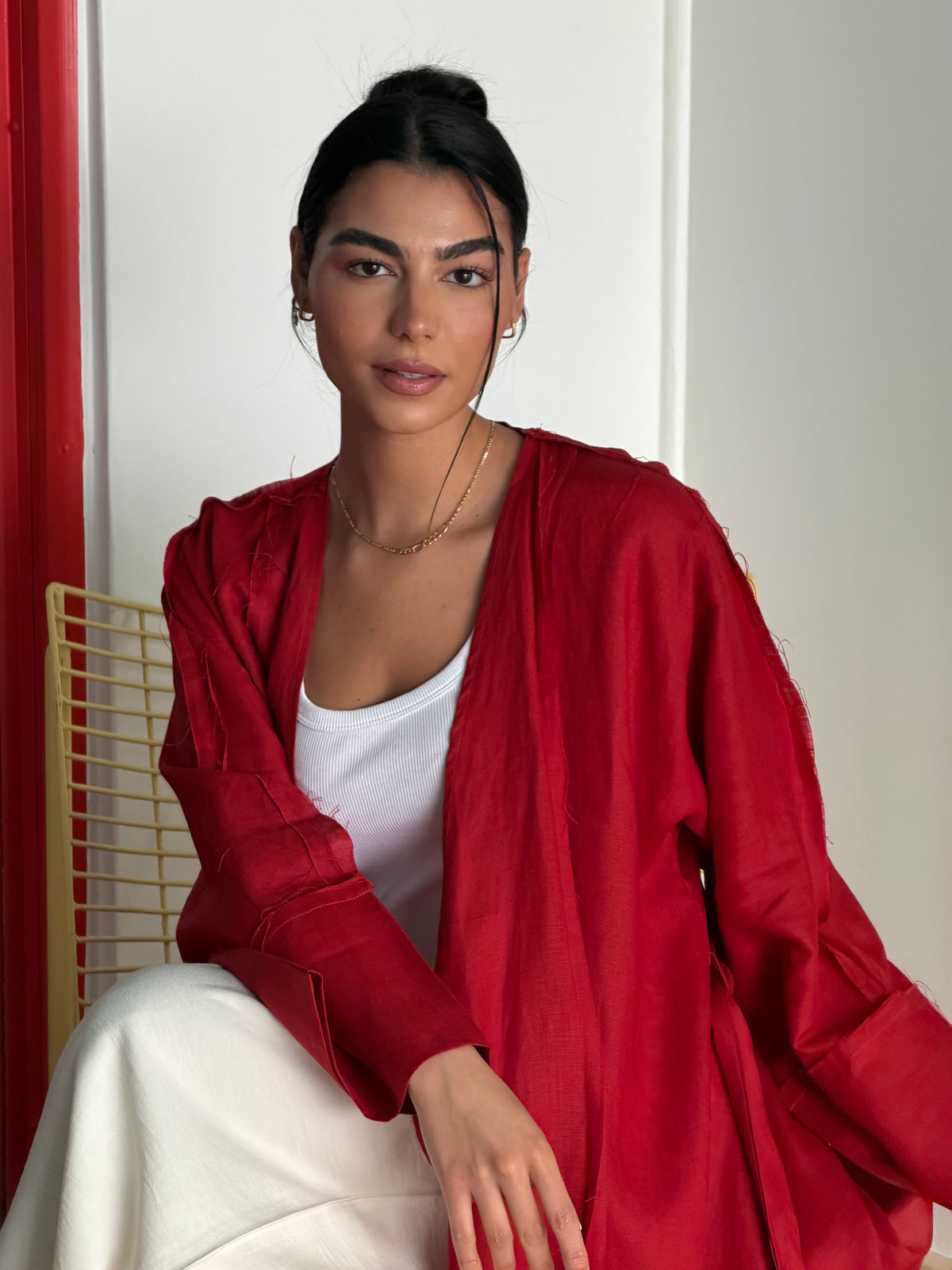 Flow Linen Cardigan in Red