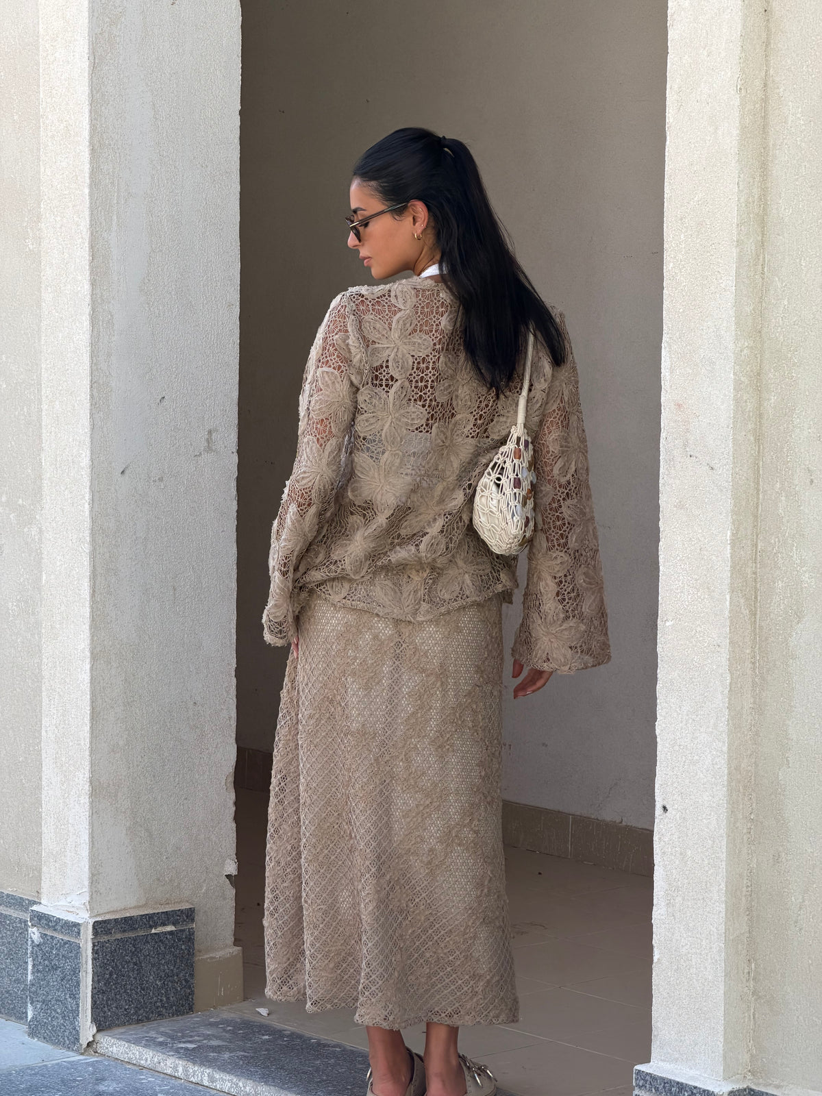 Lace Organza Floral Skirt in Beige