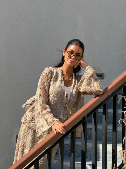 Lace Organza Floral Cardigan in Beige