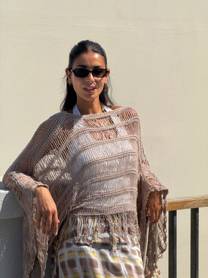 Cape-Style Knit Blouse in Cafe