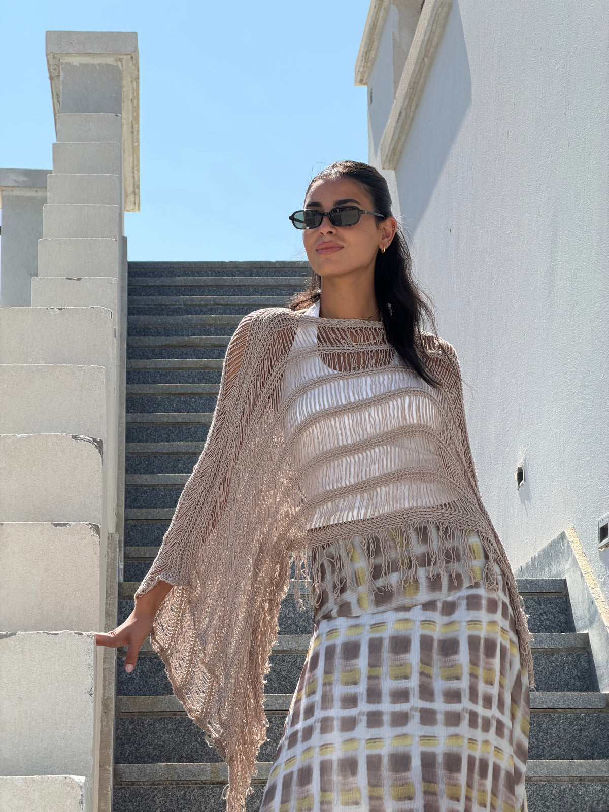 Cape-Style Knit Blouse in Cafe